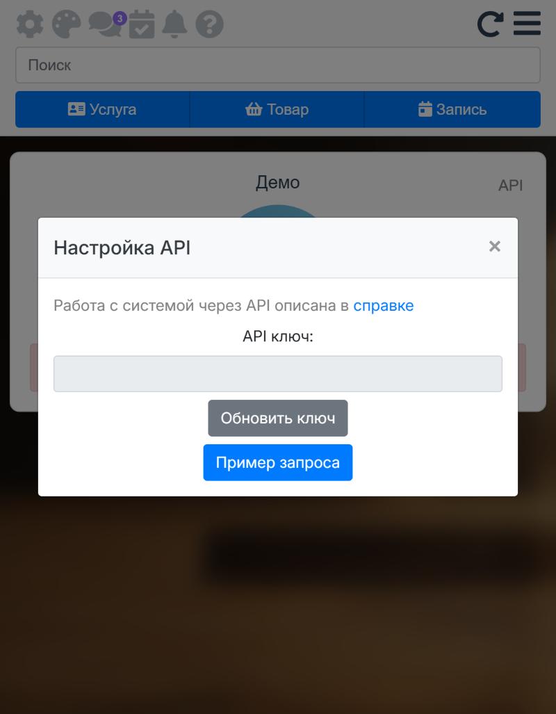 Окно «Настройка API»